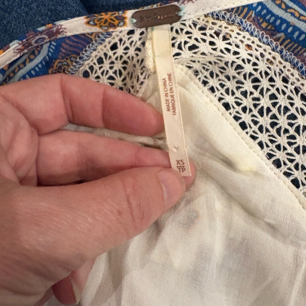 Free People Rain or shine mini boho dress cream blue sz XS - Picture 6 of 9